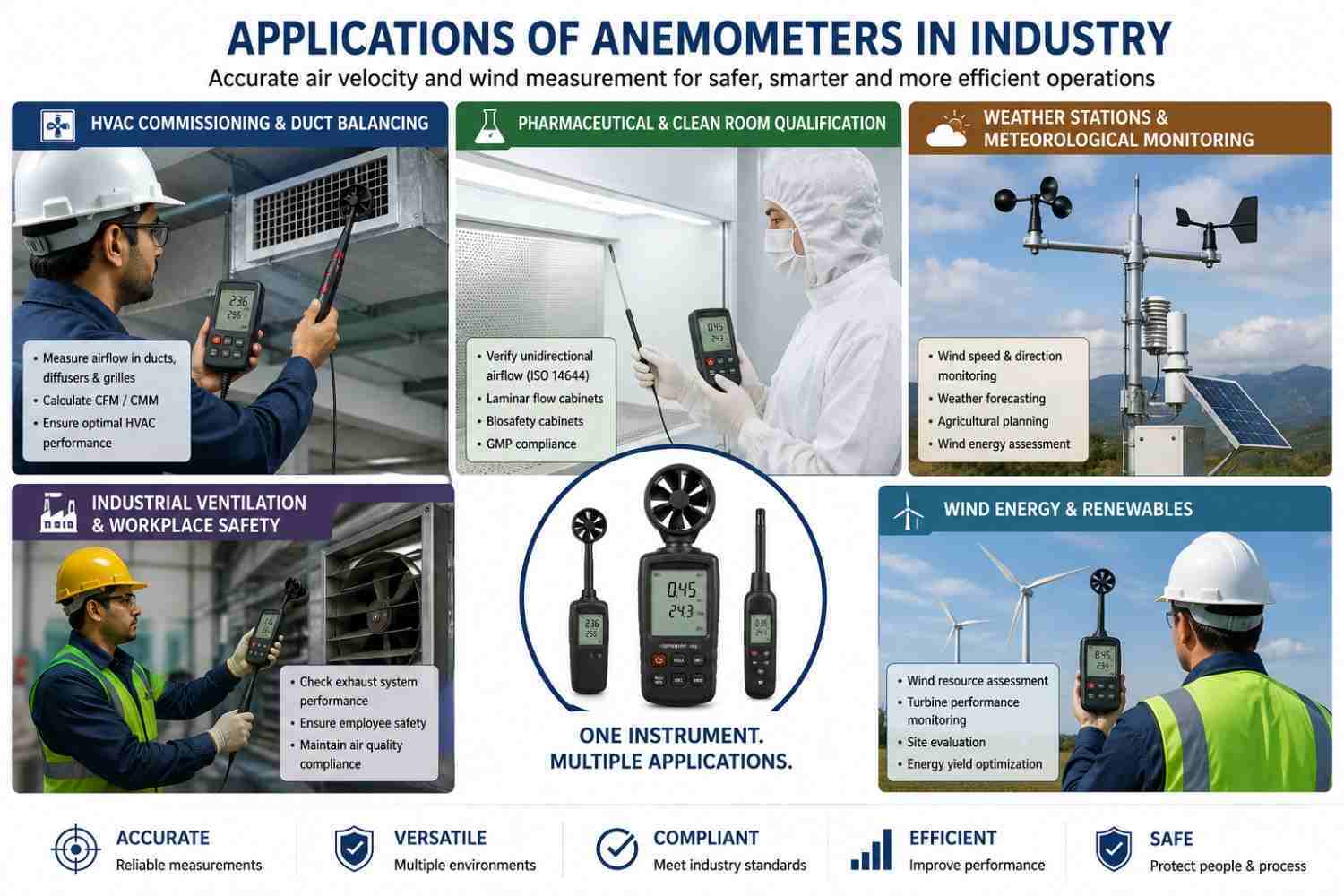 Common applications of anemometers in weather monitoring, HVAC systems, clean rooms, and wind energy.