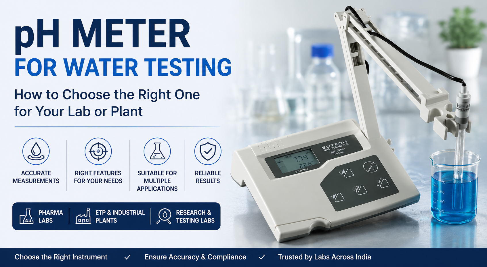 Benchtop pH meter for water testing in a pharmaceutical QC laboratory, electrode in sample beaker