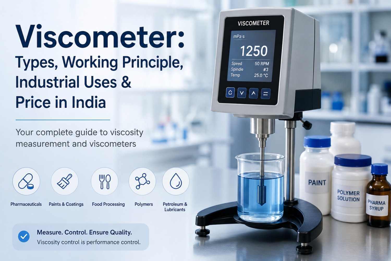 Digital rotational viscometer measuring viscosity of a liquid sample in an industrial quality control laboratory.